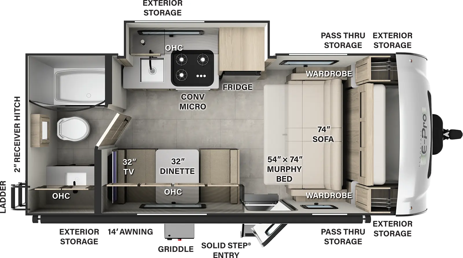 The Flagstaff E-Pro E19FDS has one entry and one slide out. Exterior features include: fiberglass exterior and 14' awning. Interiors features include: murphy bed and rear bathroom.